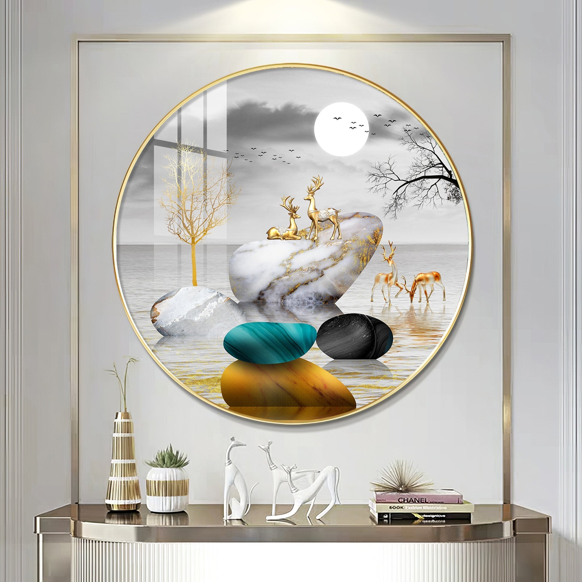 Modern Abstract Stone & Deer Art Circle Frame acrylic wall painting