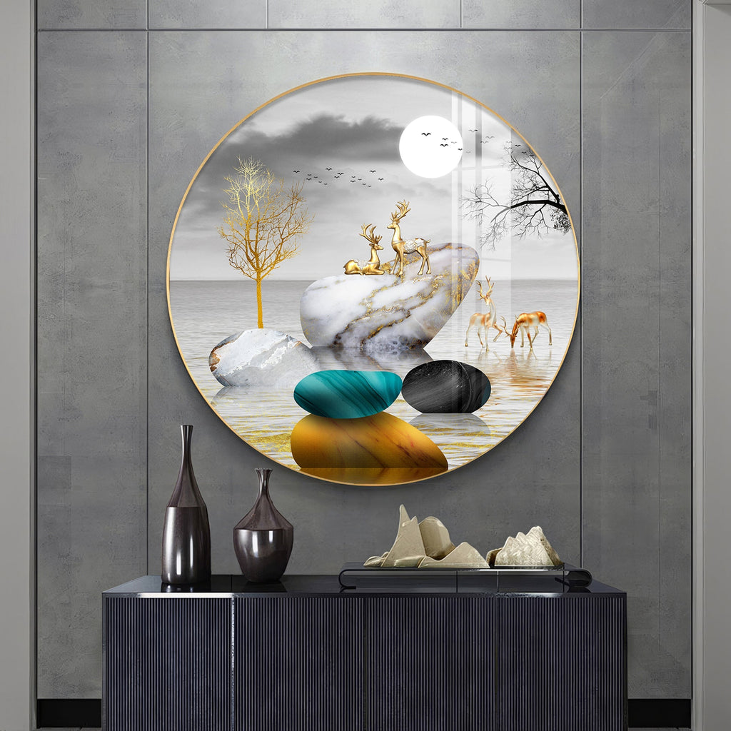 Modern Abstract Stone & Deer Art Circle Frame acrylic wall painting