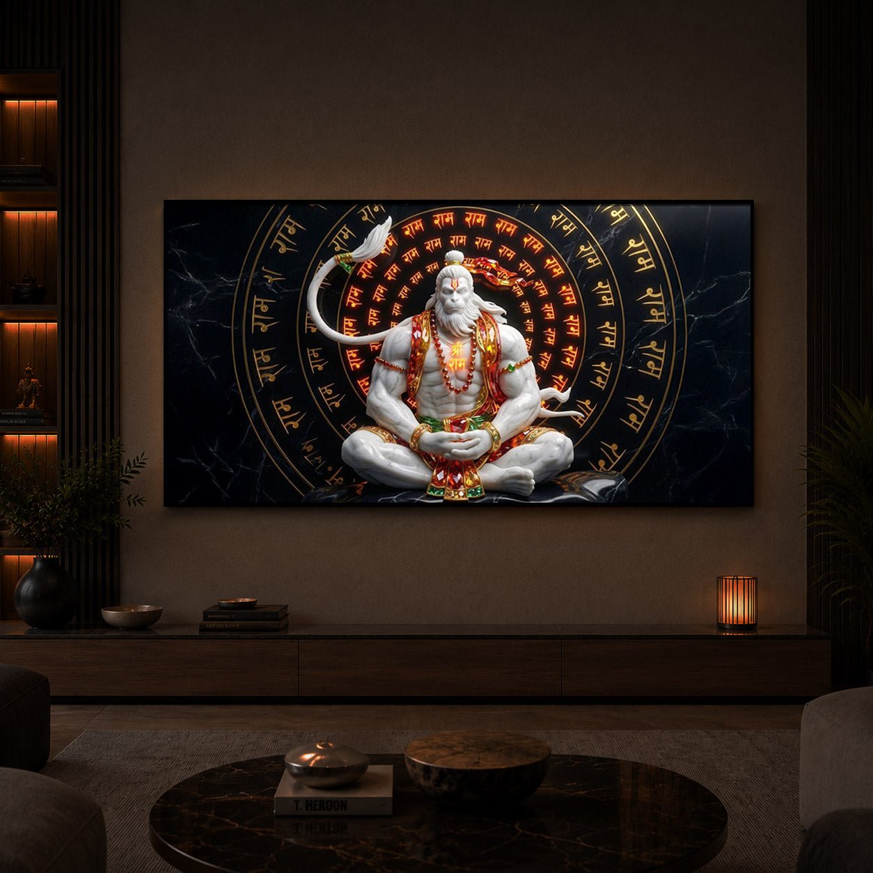 Lord Hanuman Sitting In A Meditative Modern Luxury Backlight Horizontal Wall Art