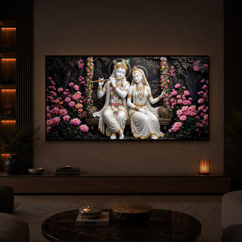 Radha Krishna With Flower Modern Luxury Backlight Horizontal Wall Art