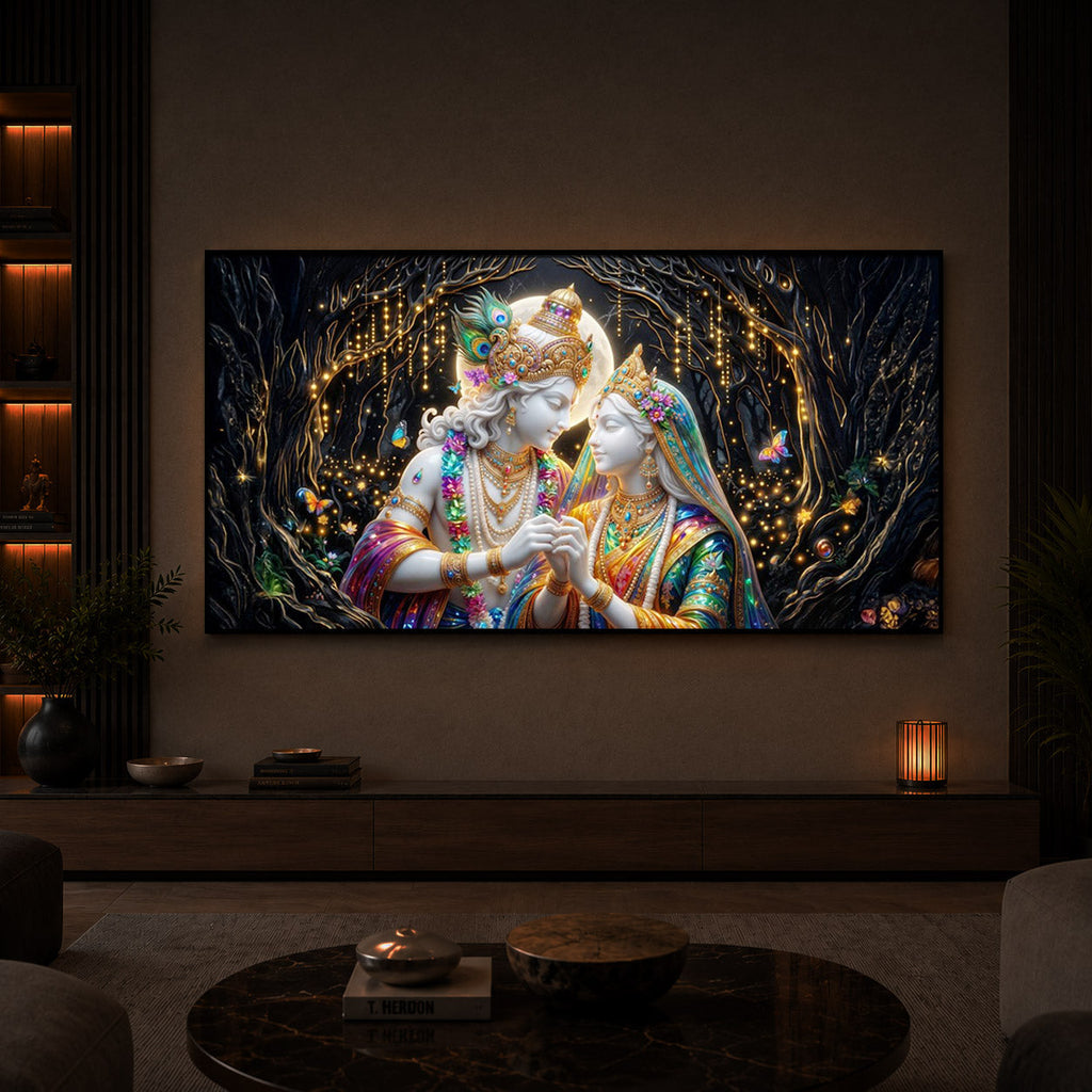 Spiritual Moonlight Radha Krishna Modern Luxury Backlight Horizontal Wall Art