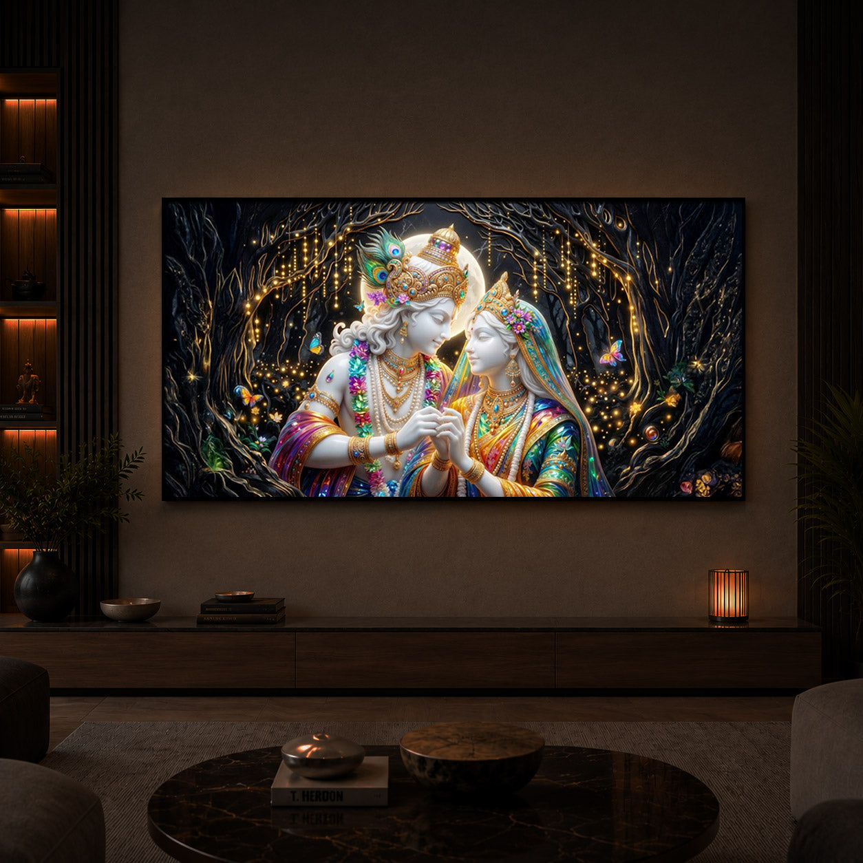 Spiritual Moonlight Radha Krishna Modern Luxury Backlight Horizontal Wall Art
