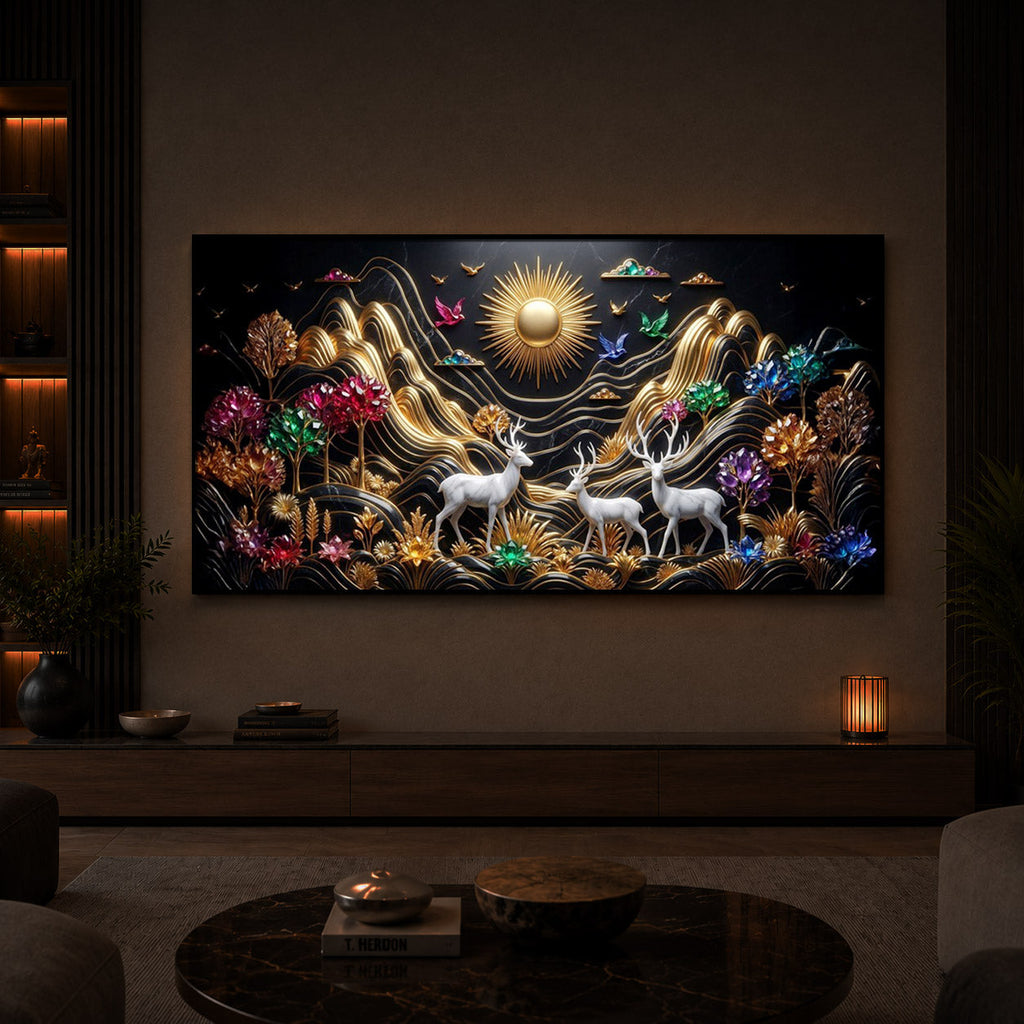 White Deer With Sun Modern Luxury Backlight Horizontal Wall Art