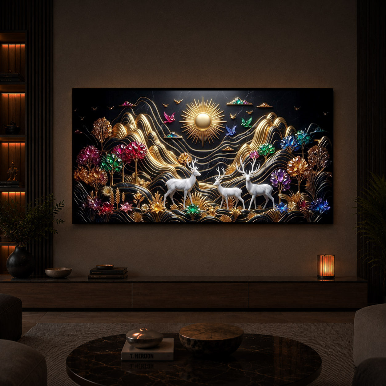 White Deer With Sun Modern Luxury Backlight Horizontal Wall Art