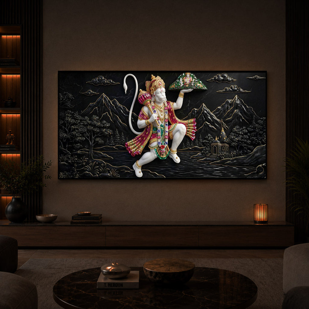 Lord Hanuman Carrying Sanjeevani Mountain Modern Luxury Backlight Horizontal Wall Art