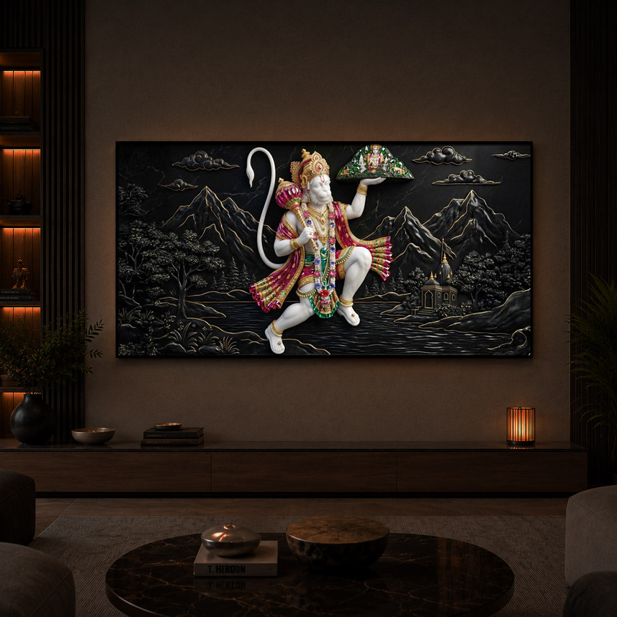Lord Hanuman Carrying Sanjeevani Mountain Modern Luxury Backlight Horizontal Wall Art