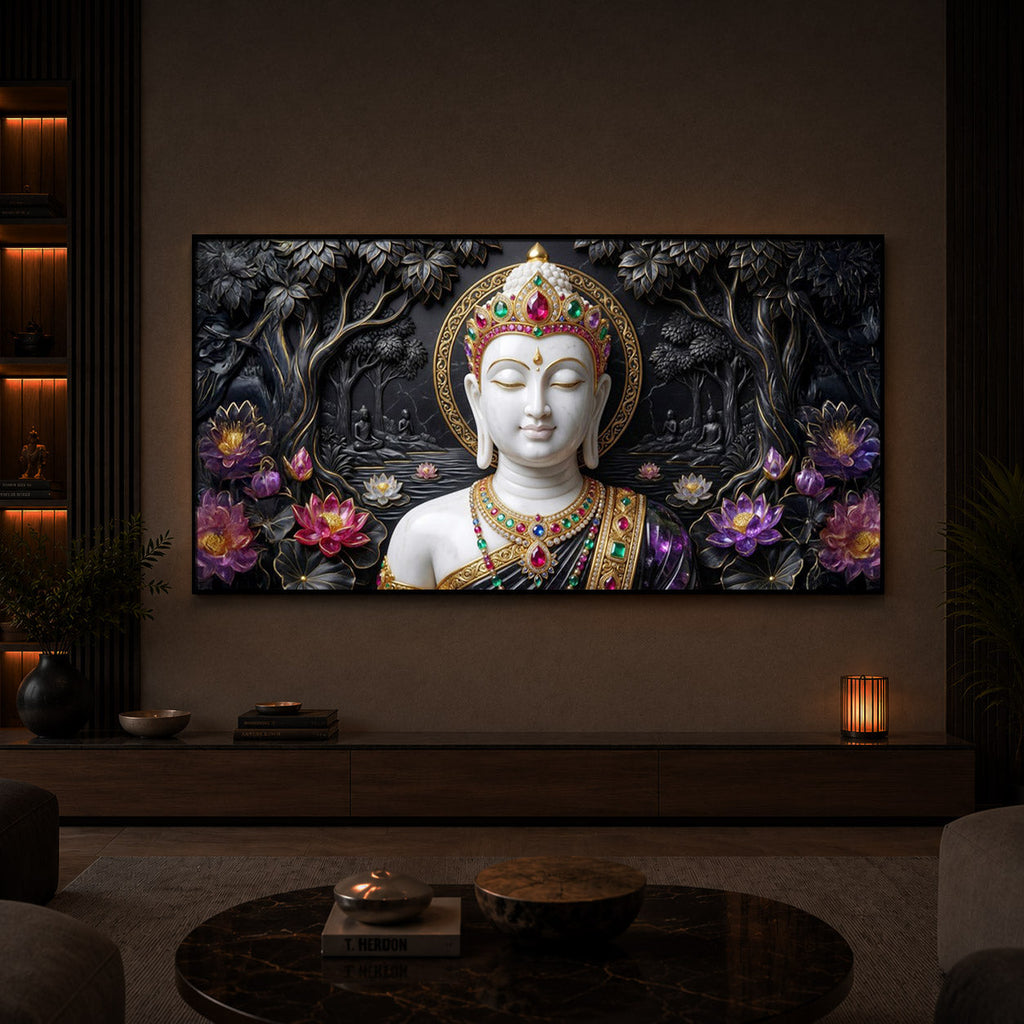 Lotus Serenity Lord Buddha Modern Luxury Backlight Horizontal Wall Art
