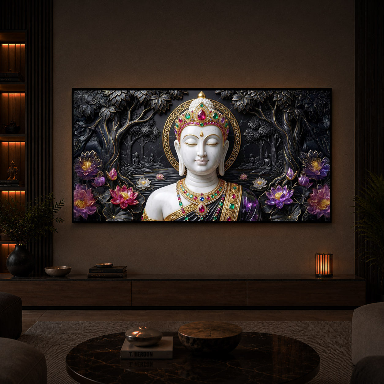 Lotus Serenity Lord Buddha Modern Luxury Backlight Horizontal Wall Art