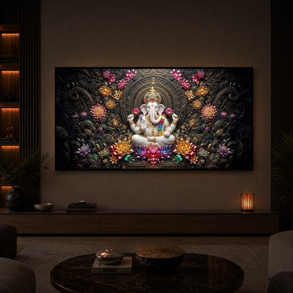 Lord Ganesha Blooming Lotuses Modern Luxury Backlight Horizontal Wall Art