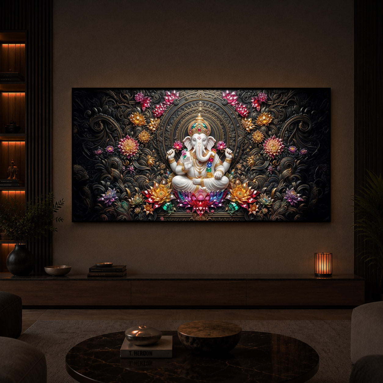 Lord Ganesha Blooming Lotuses Modern Luxury Backlight Horizontal Wall Art