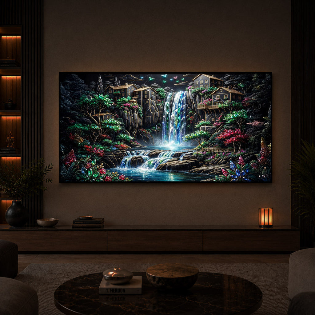 Lush Mountain Waterfall Modern Luxury Backlight Horizontal Wall Art