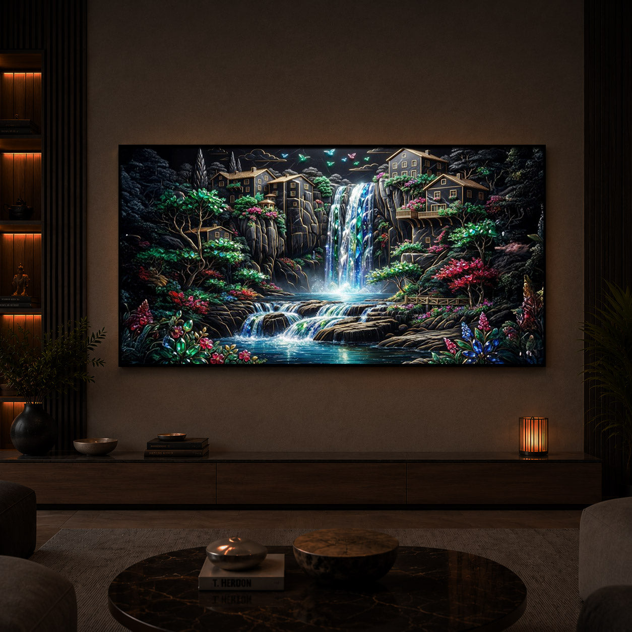 Lush Mountain Waterfall Modern Luxury Backlight Horizontal Wall Art