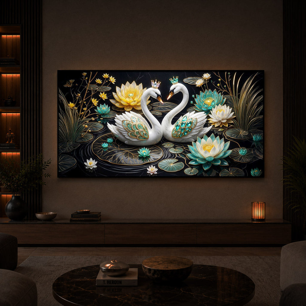 Pair Of White Swans Modern Luxury Backlight Horizontal Wall Art