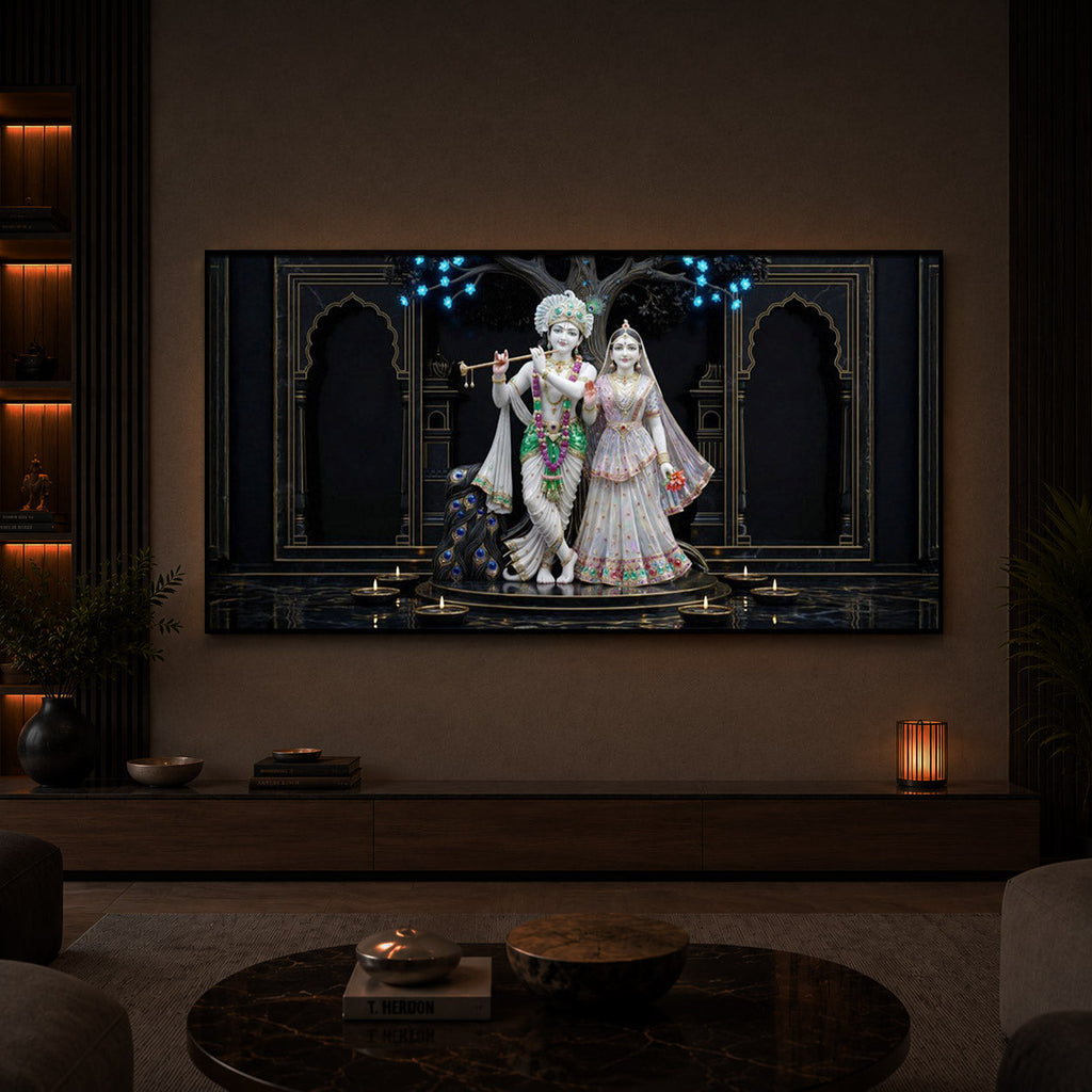 Radha Krishna With Flute Modern Luxury Backlight Horizontal Wall Art