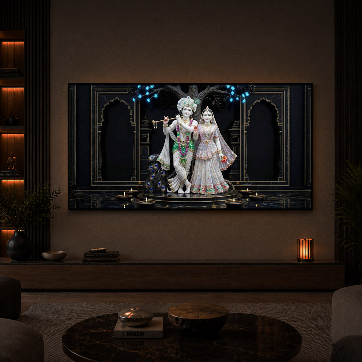 Radha Krishna With Flute Modern Luxury Backlight Horizontal Wall Art
