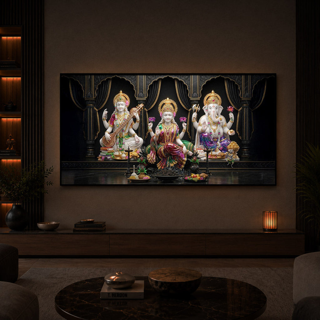 Saraswati,Lakshmi, & Lord Ganesha Modern Luxury Backlight Horizontal Wall Art