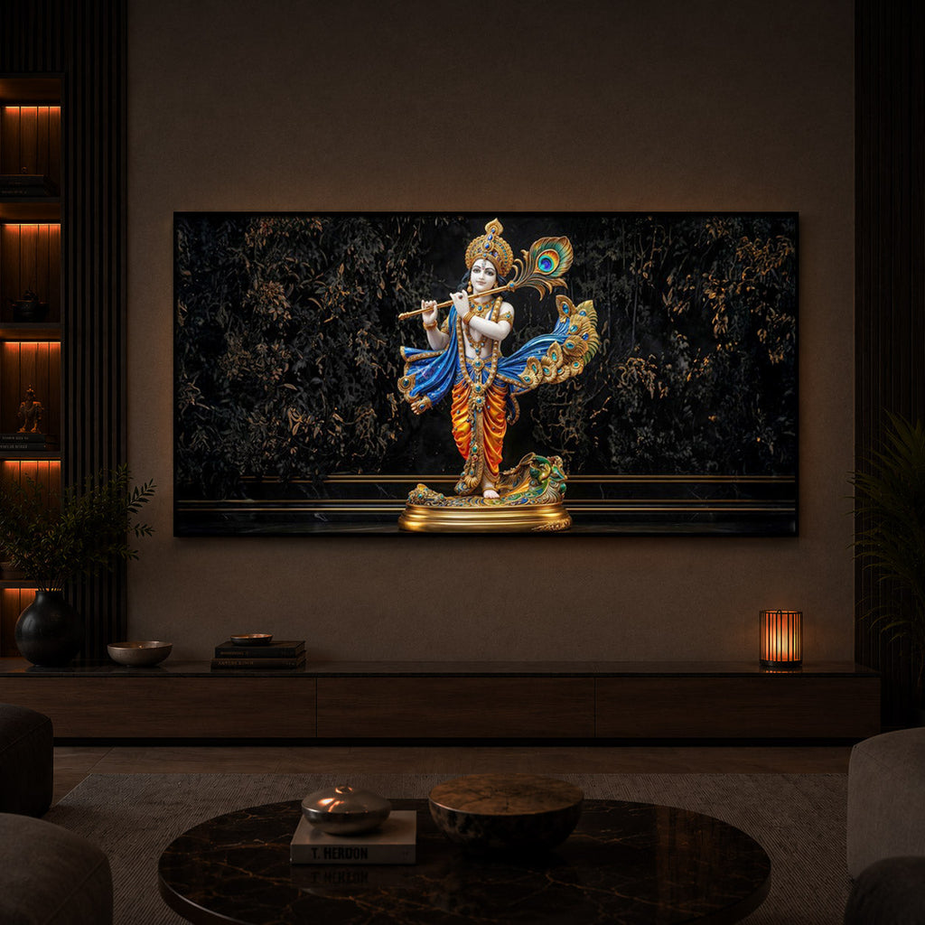 Lord Krishna With Flute Modern Luxury Backlight Horizontal Wall Art