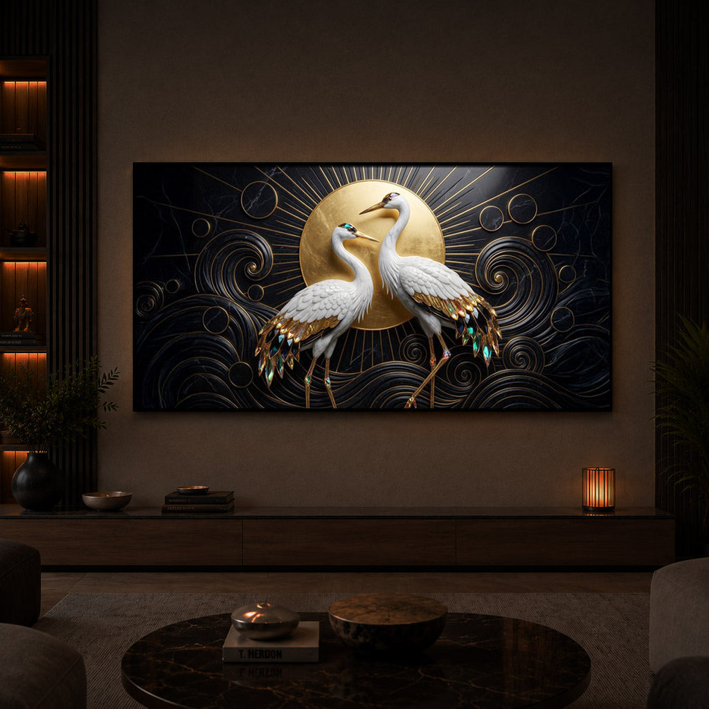 White Crane Modern Luxury Backlight Horizontal Wall Art