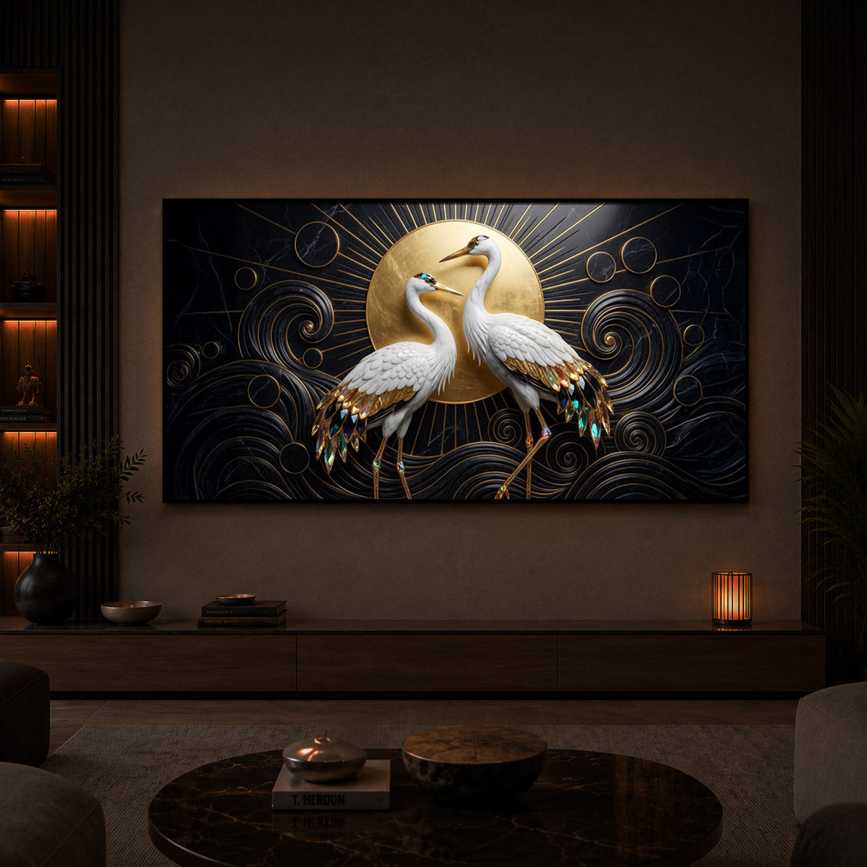 White Crane Modern Luxury Backlight Horizontal Wall Art
