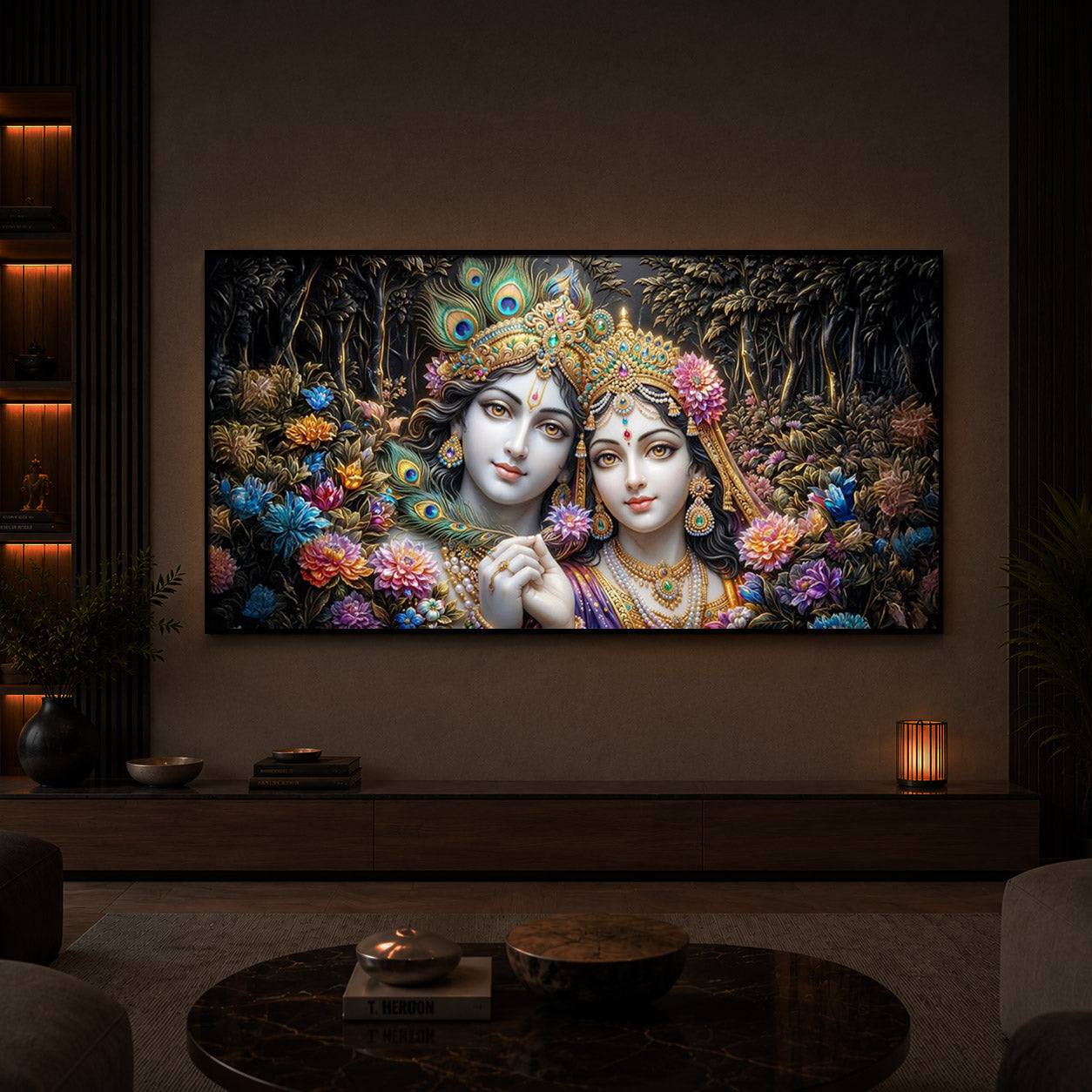Spiritual Serenity Radha Krishna Modern Luxury Backlight Horizontal Wall Art