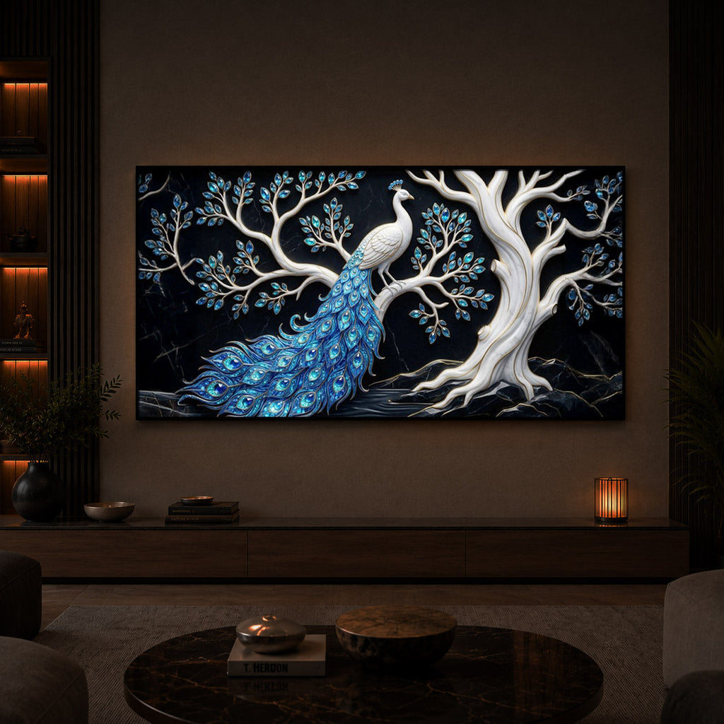 Peacock With Blue Feather Modern Luxury Backlight Horizontal Wall Art