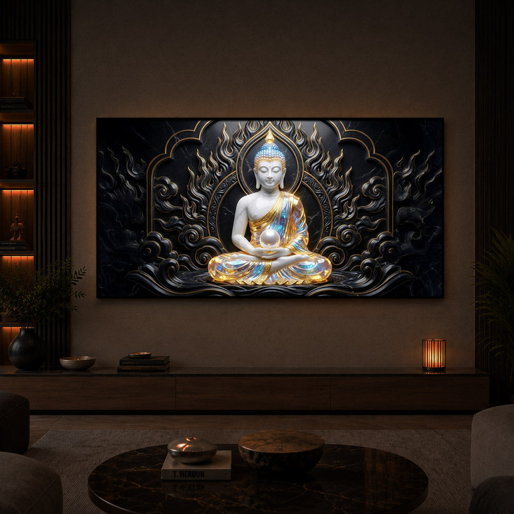 Meditating Buddha Ji Modern Luxury Backlight Horizontal Wall Art