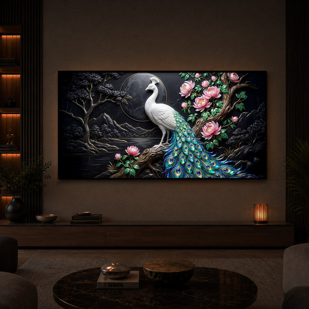 White Peacock With Flowers Modern Luxury Backlight Horizontal Wall Art