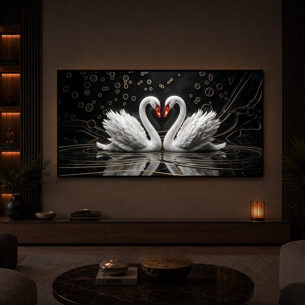 Two White Swans Forming A Heart Modern Luxury Backlight Horizontal Wall Art