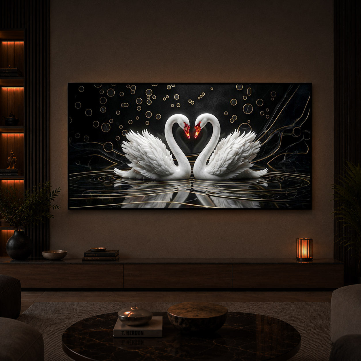 Two White Swans Forming A Heart Modern Luxury Backlight Horizontal Wall Art