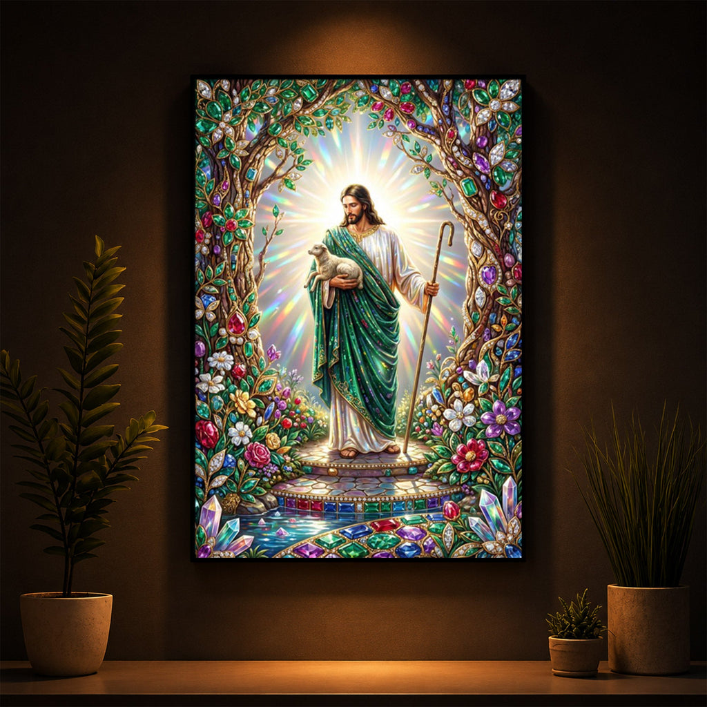 Divine Good Shepherd Jesus Modern Luxury Backlight Vertical Wall Art