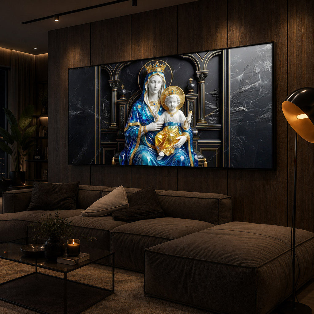 Mother Mary Holding Baby Jesus Modern Luxury Backlight Horizontal Wall Art