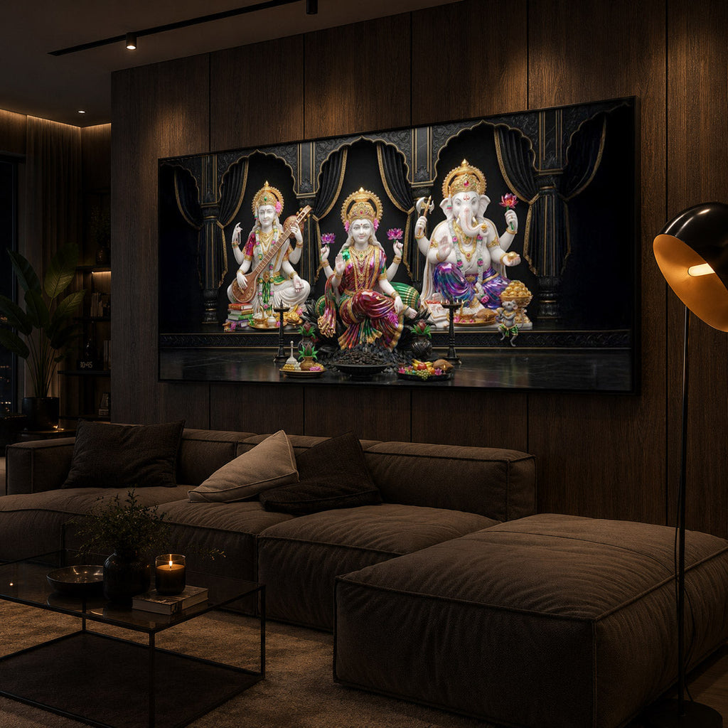 Saraswati,Lakshmi, & Lord Ganesha Modern Luxury Backlight Horizontal Wall Art