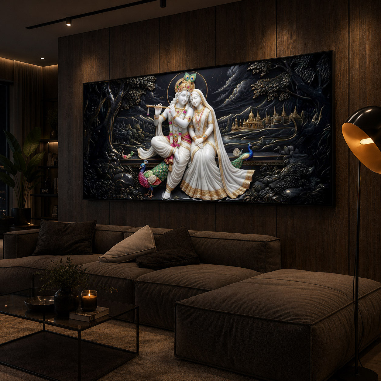 Divine Harmony Radha Krishna Modern Luxury Backlight Horizontal Wall Art