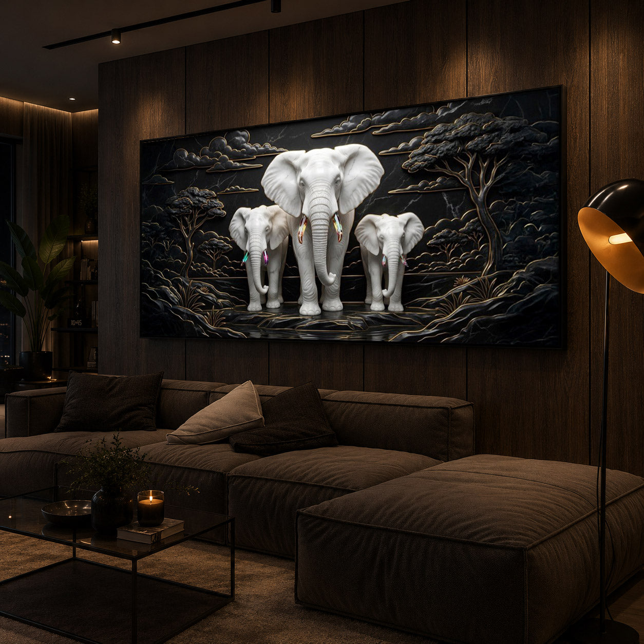 White Elephant Family Modern Luxury Backlight Horizontal Wall Art
