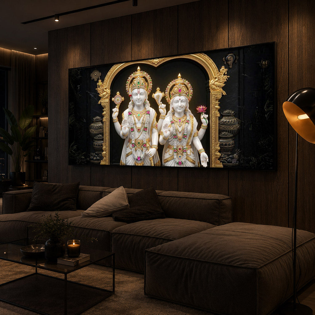 Lord Vishnu & Goddess Lakshmi Modern Luxury Backlight Horizontal Wall Art