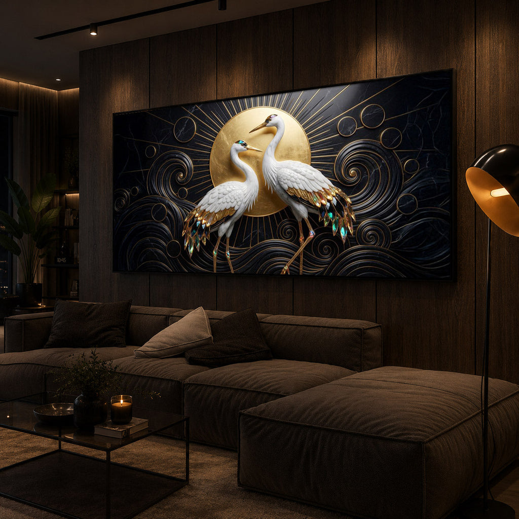 White Crane Modern Luxury Backlight Horizontal Wall Art