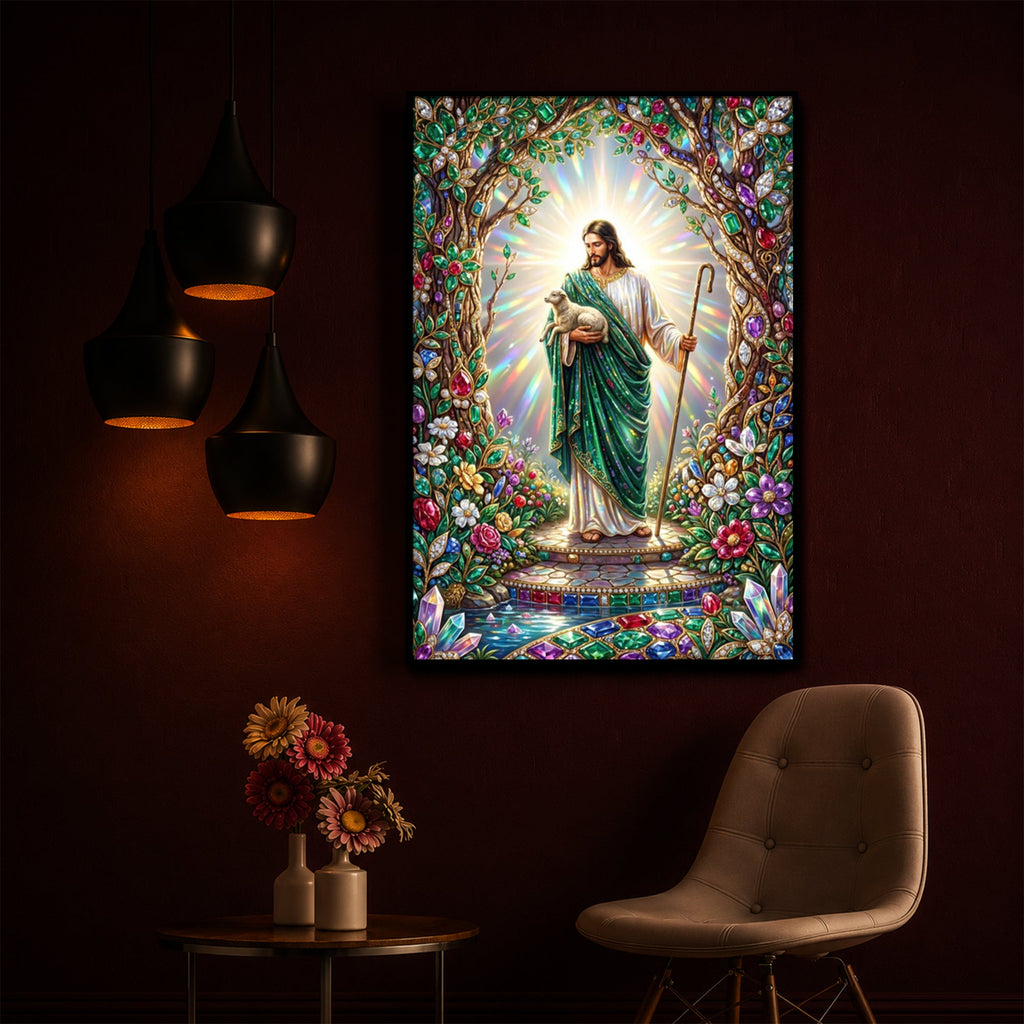 Divine Good Shepherd Jesus Modern Luxury Backlight Vertical Wall Art