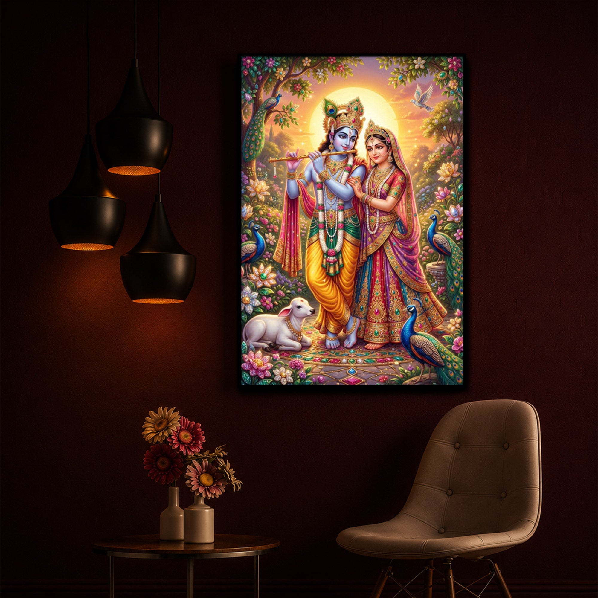 Radha Krishna Divine Harmony Modern Luxury Backlight Vertical Wall Art