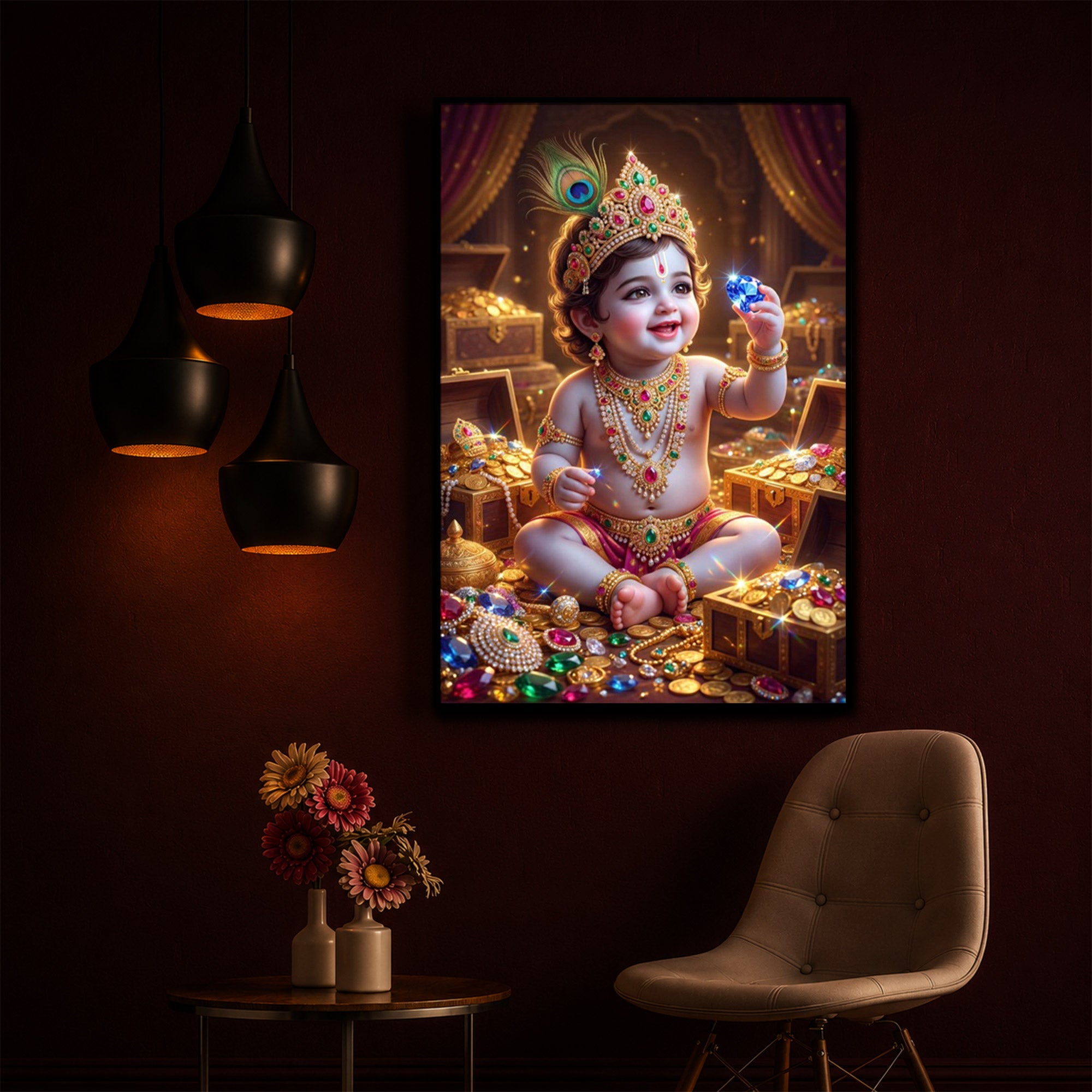 Little Lord Krishna Ji Modern Luxury Backlight Vertical Wall Art