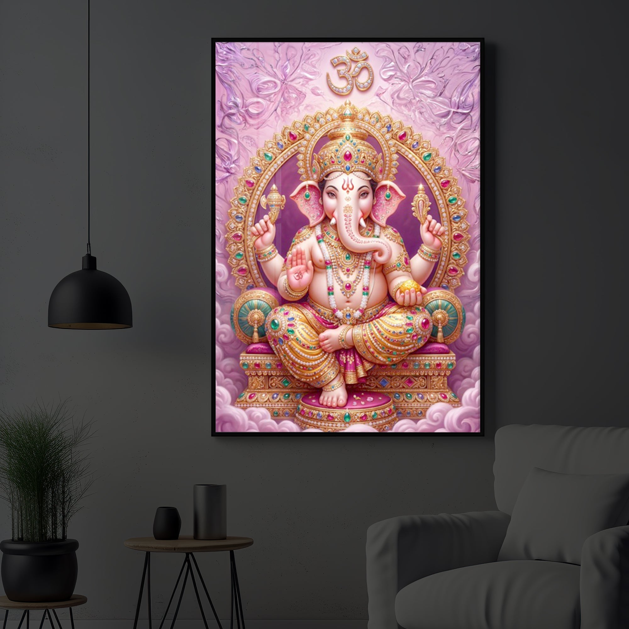Vakratunda Mahakaya Ganesh Ji Modern Luxury Backlight Vertical Wall Art