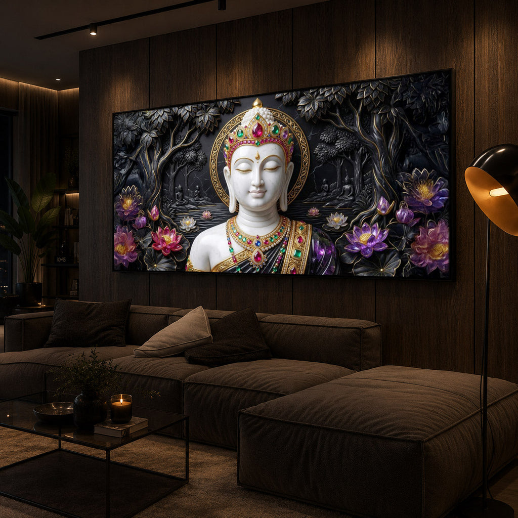 Lotus Serenity Lord Buddha Modern Luxury Backlight Horizontal Wall Art