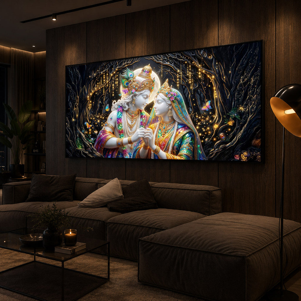 Spiritual Moonlight Radha Krishna Modern Luxury Backlight Horizontal Wall Art