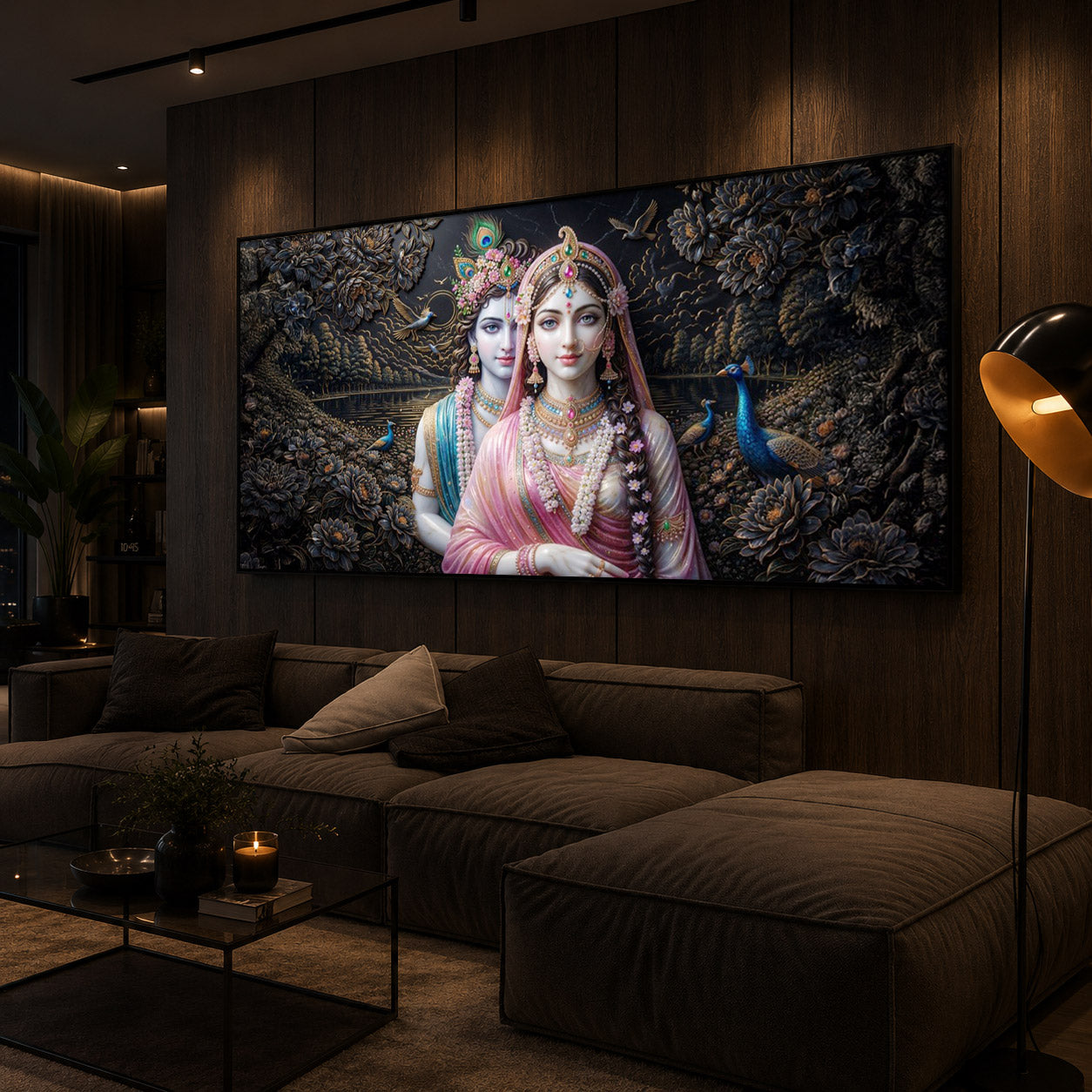 Blissful Radha Krishna Modern Luxury Backlight Horizontal Wall Art