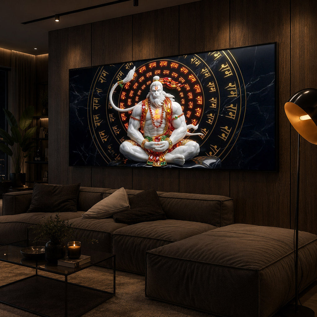 Lord Hanuman Sitting In A Meditative Modern Luxury Backlight Horizontal Wall Art