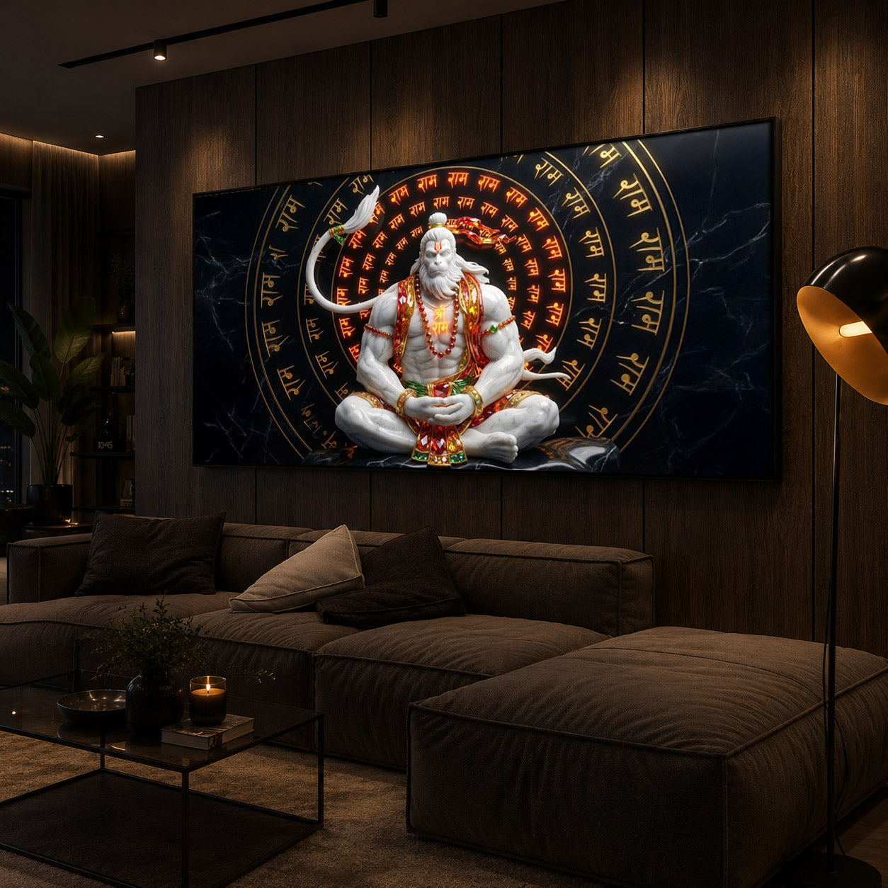 Lord Hanuman Sitting In A Meditative Modern Luxury Backlight Horizontal Wall Art