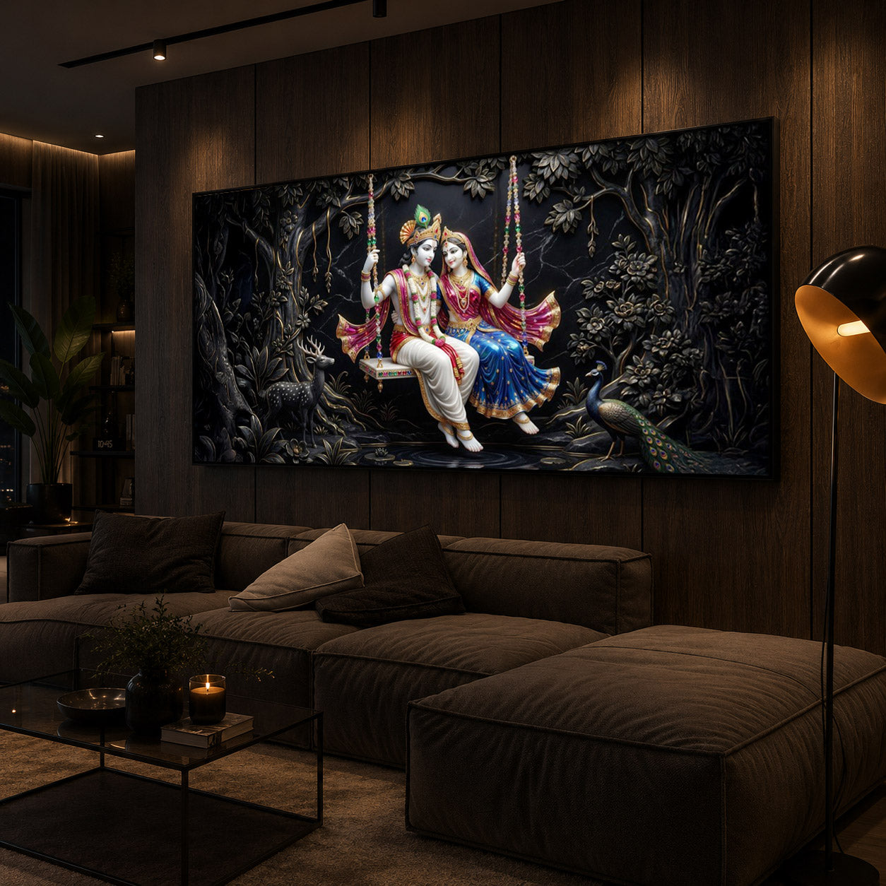 Radha Krishna Swing Modern Luxury Backlight Horizontal Wall Art