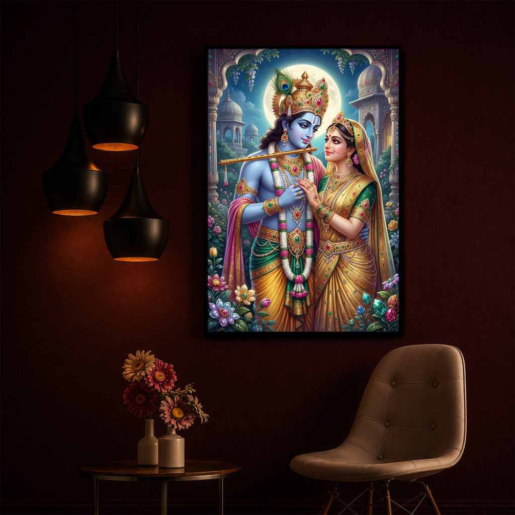 Goddess Shri Radha and God Krishna Modern Luxury Backlight Vertical Wall Art