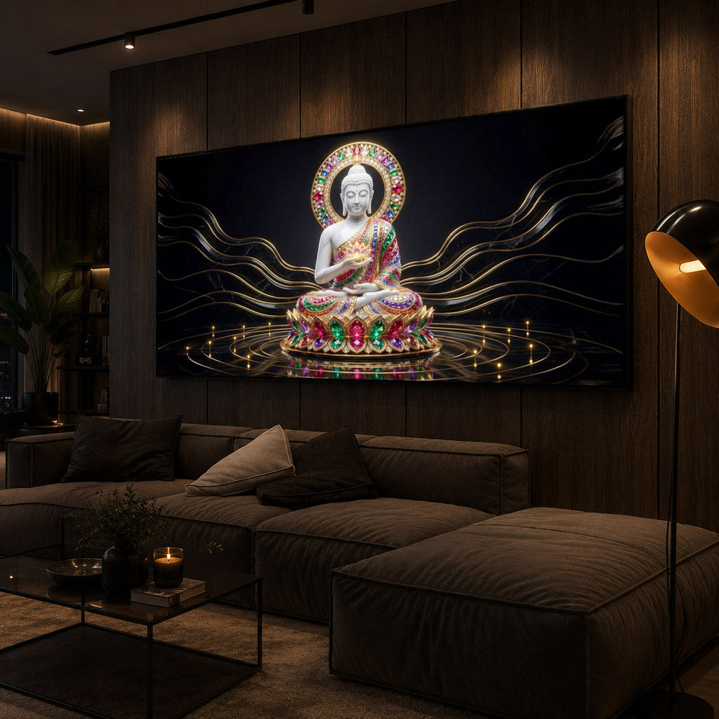 White Buddha Statue Modern Luxury Backlight Horizontal Wall Art