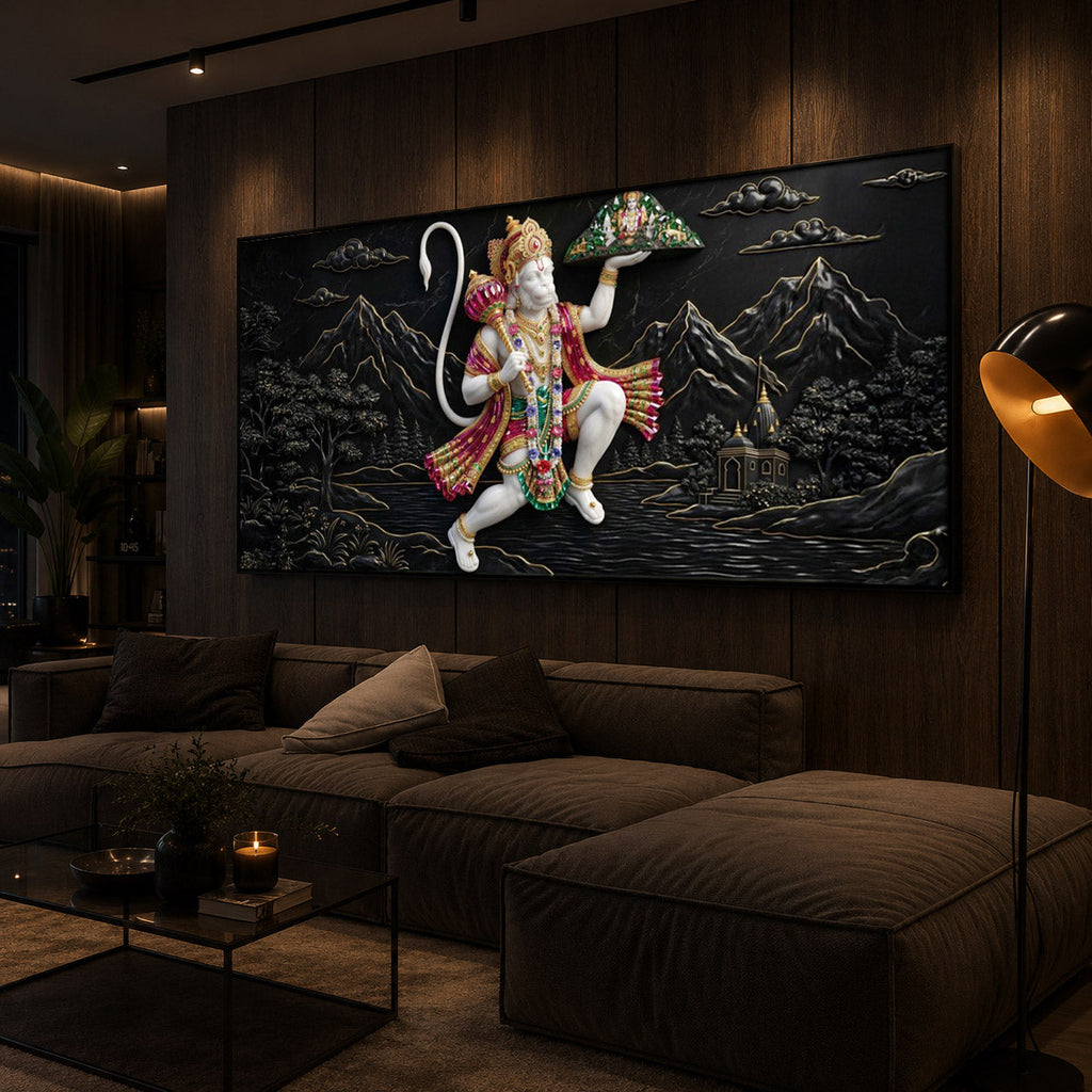 Lord Hanuman Carrying Sanjeevani Mountain Modern Luxury Backlight Horizontal Wall Art