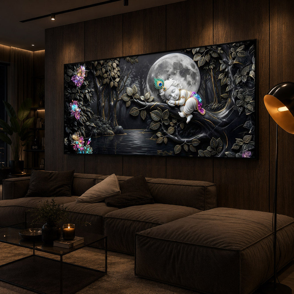 Divine Lord Little Krishna Modern Luxury Backlight Horizontal Wall Art